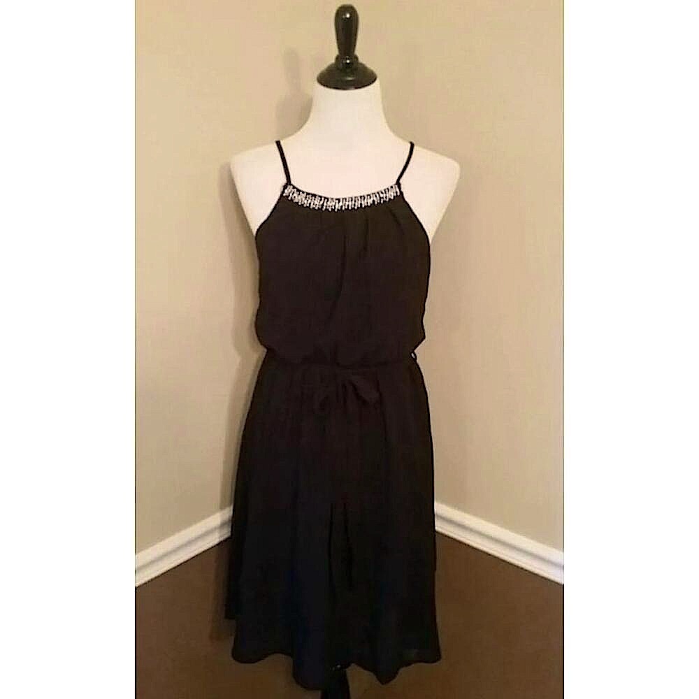 Black Dress with Silver Beaded Pleated Halter Neckline Cutout Back Medium Party